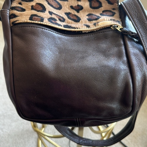 Vintage Sven Handbag Brown Leather Crossbody Bag with Leopard Print Flap USA - Picture 5 of 9